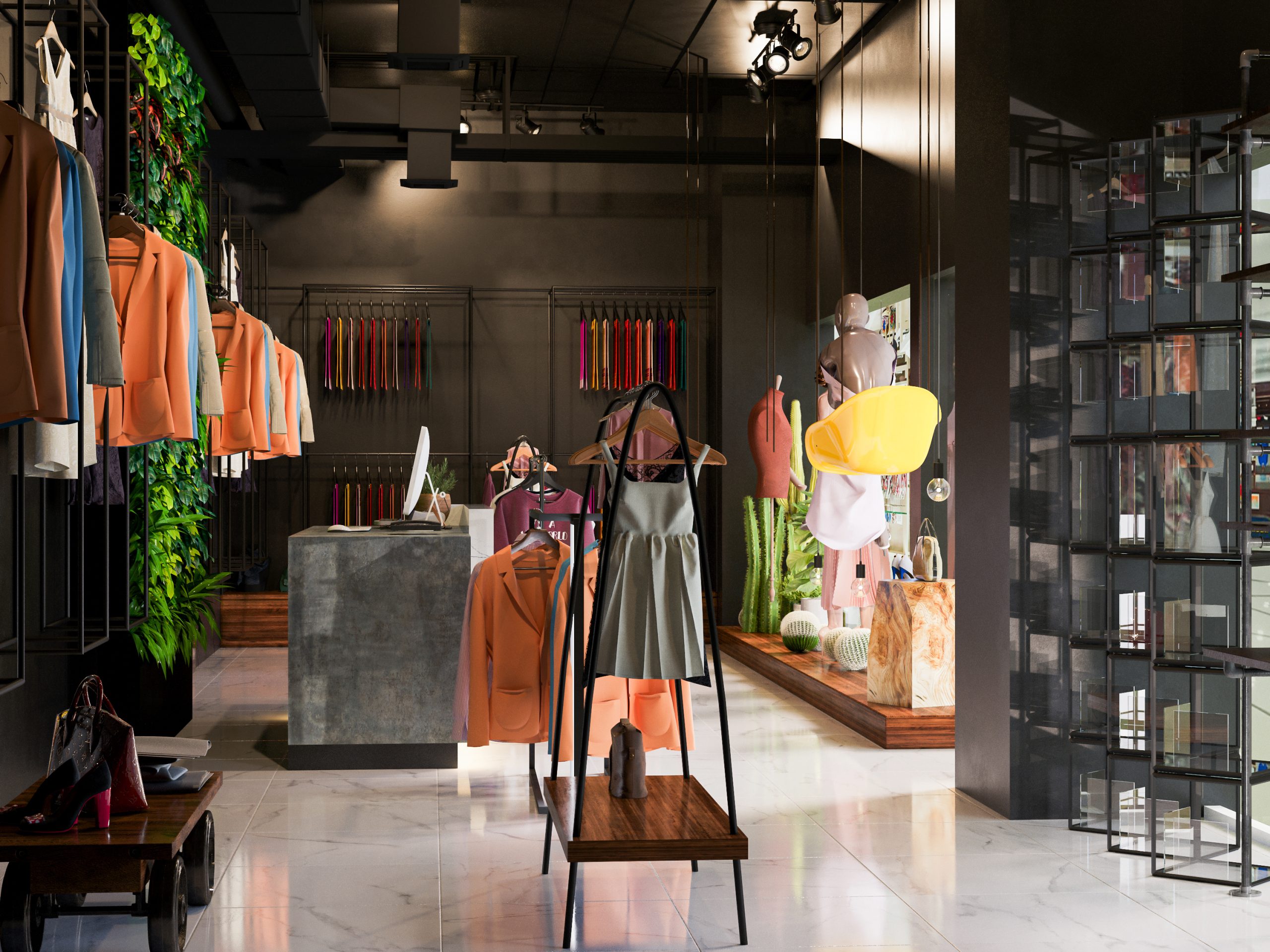 store with wall green orange fabric black white sign that says fashion scaled