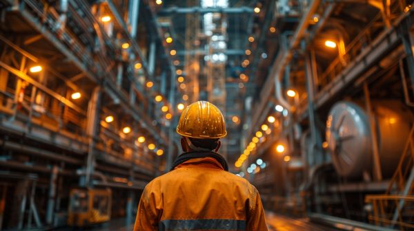 man hard hat walks down conveyor belt